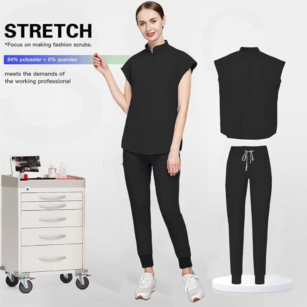 Women's Black Scrub Set Size L Mandarin Collar Top & Jogger Pants Asian Inspired - Picture 5 of 6